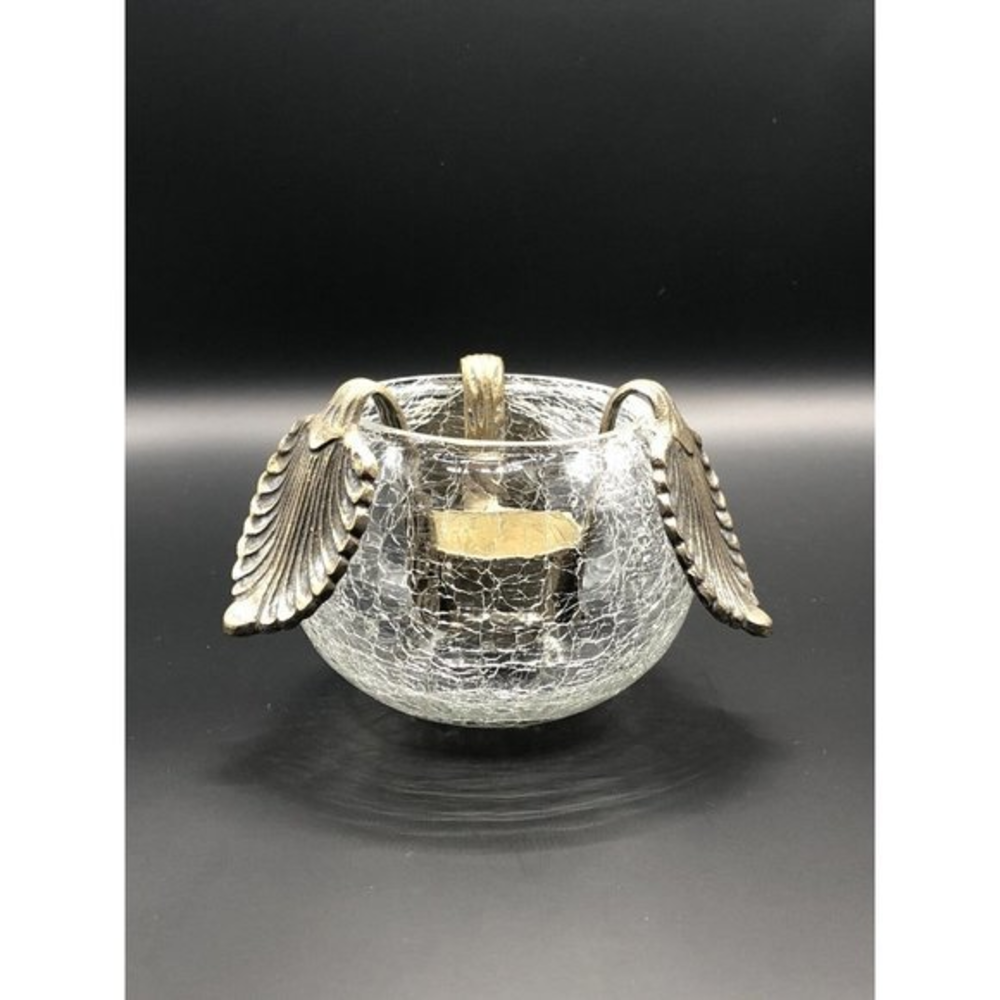 VTG Teleflora Gift Crackle Glass Bowl With Metal Gold Autumn Leaf Candle Holder‎